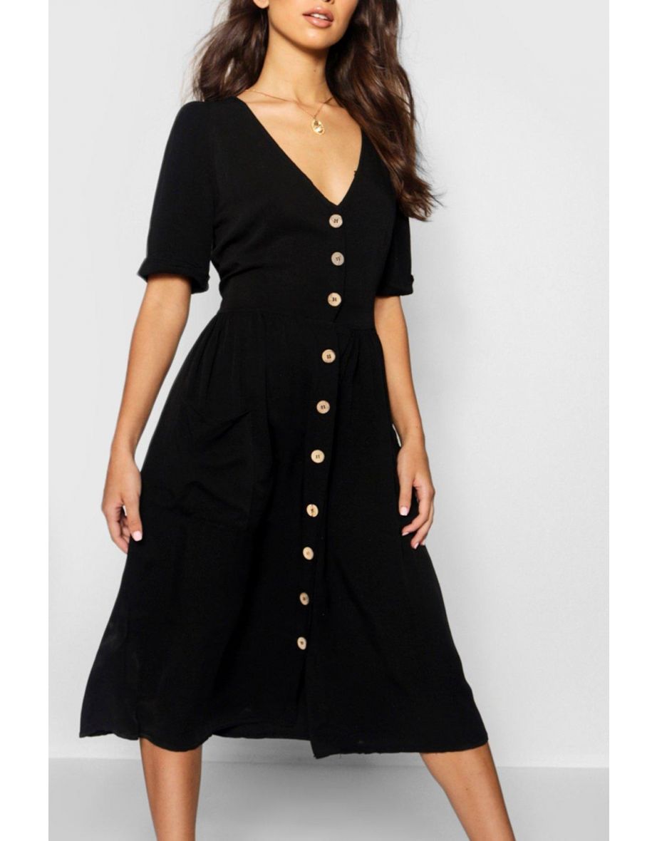 Button Front Pocket Detail Midi Dress - black - 3