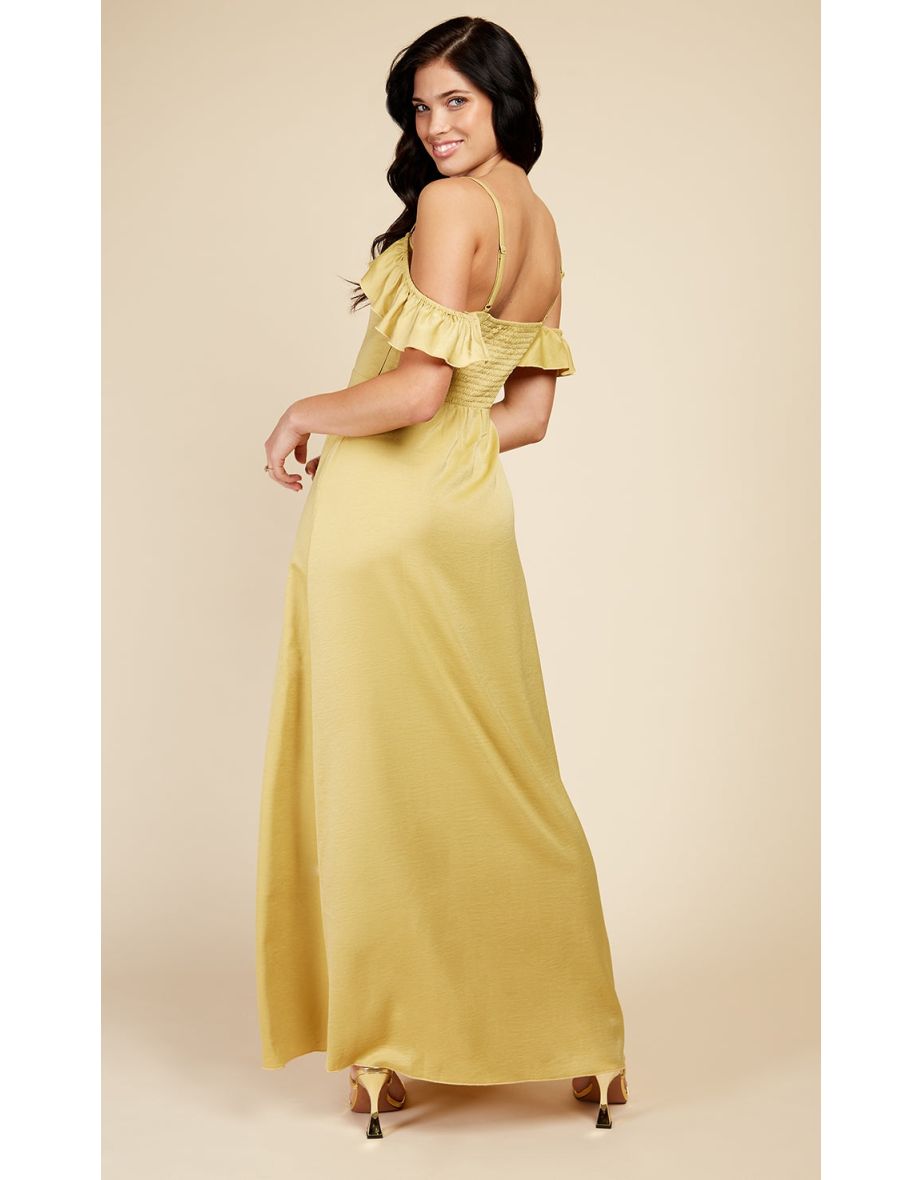 Yellow Frill Cold-Shoulder Maxi Bridesmaid Dress - 4
