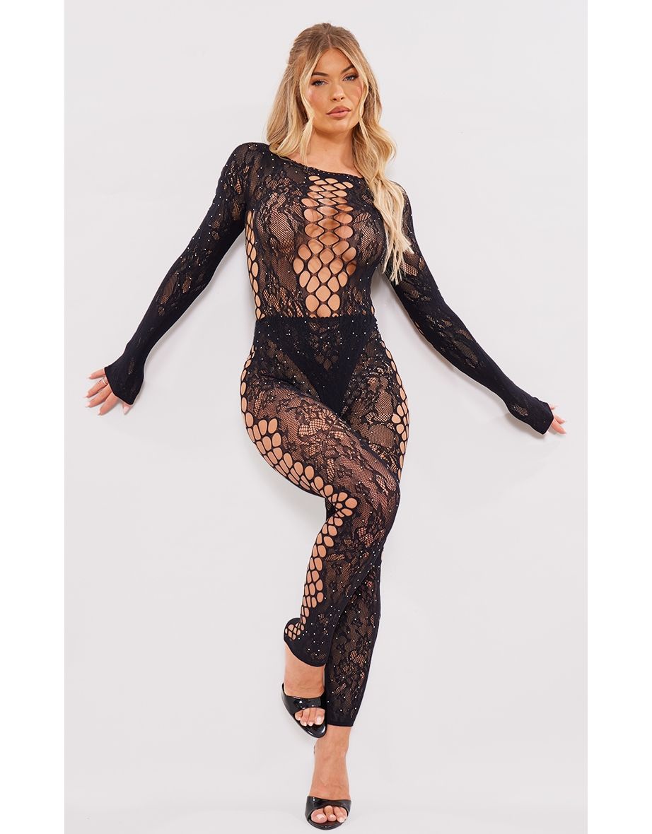 Black Fishnet Diamante Hot Fix Cut Out Leggings