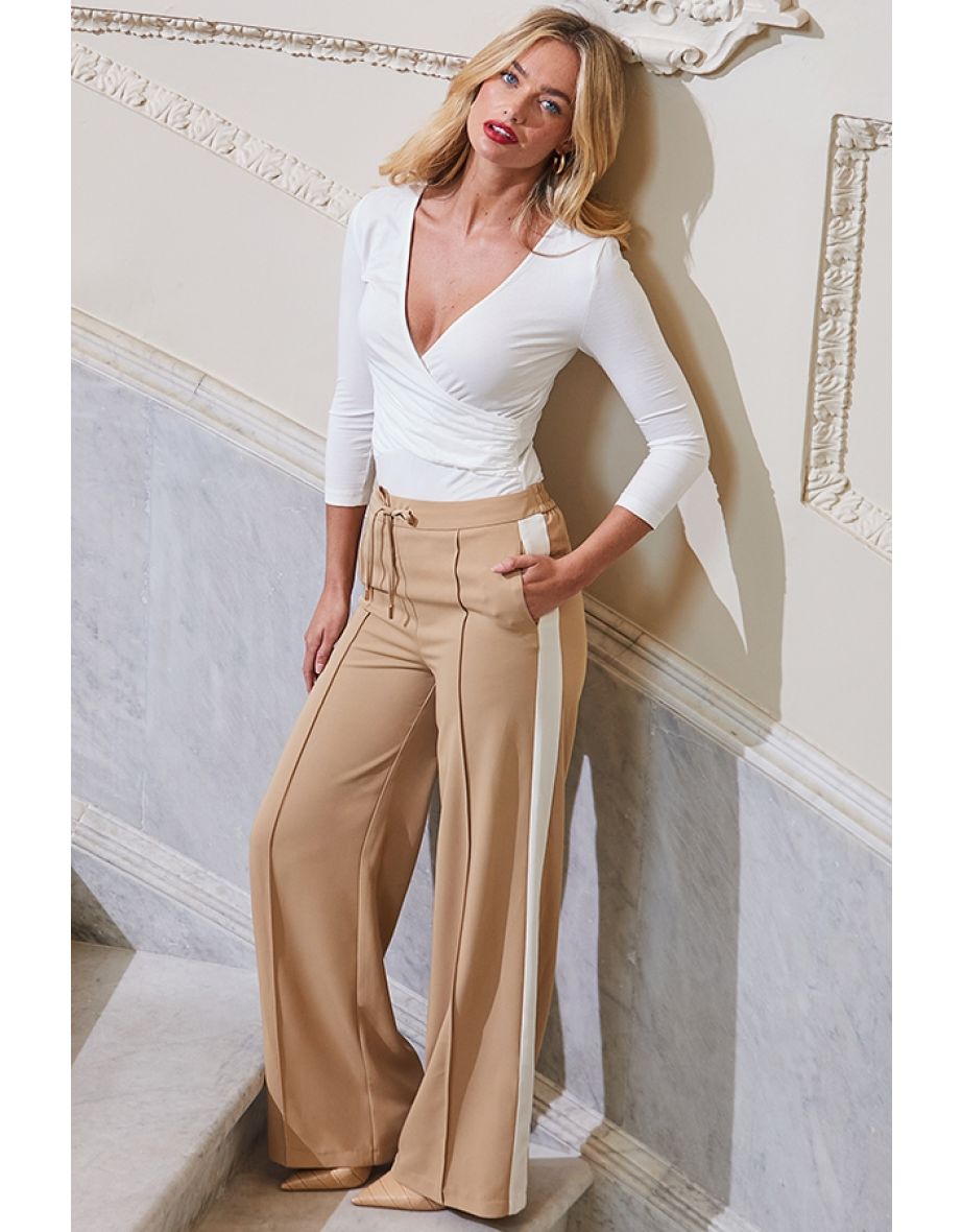 Camel & White Side Stripe Wide Leg Trousers