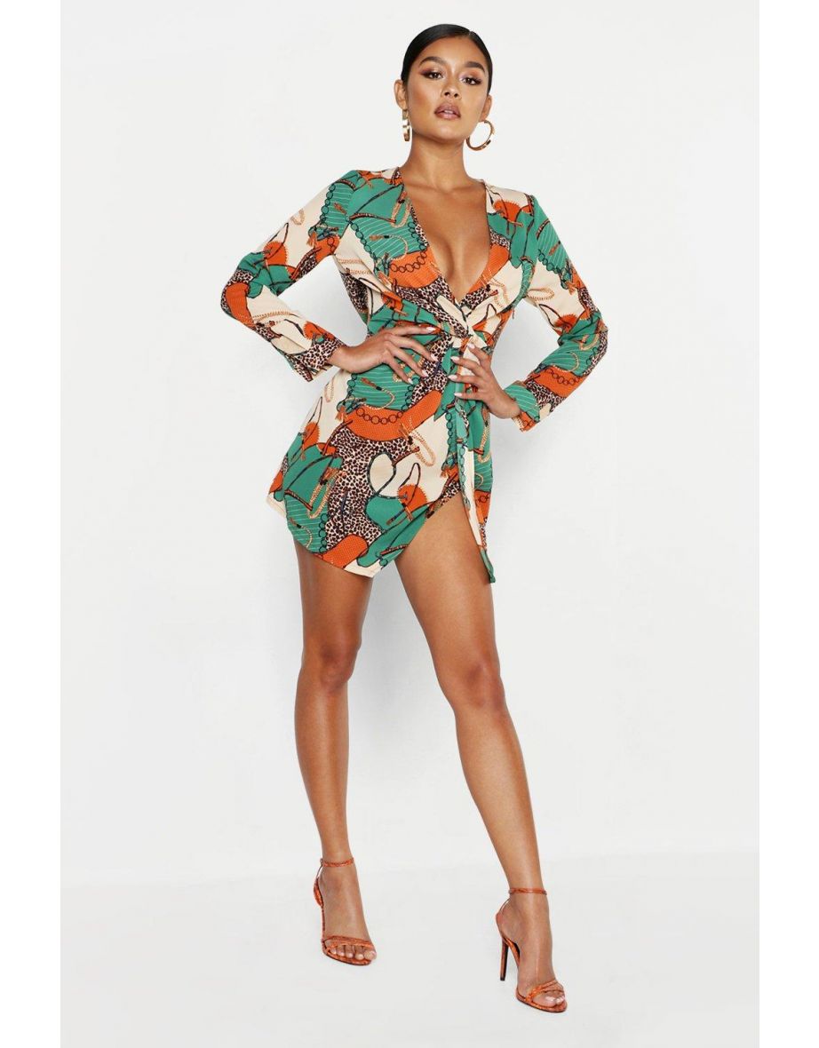 Satin Chain Print Twist Shift Dress - green - 3