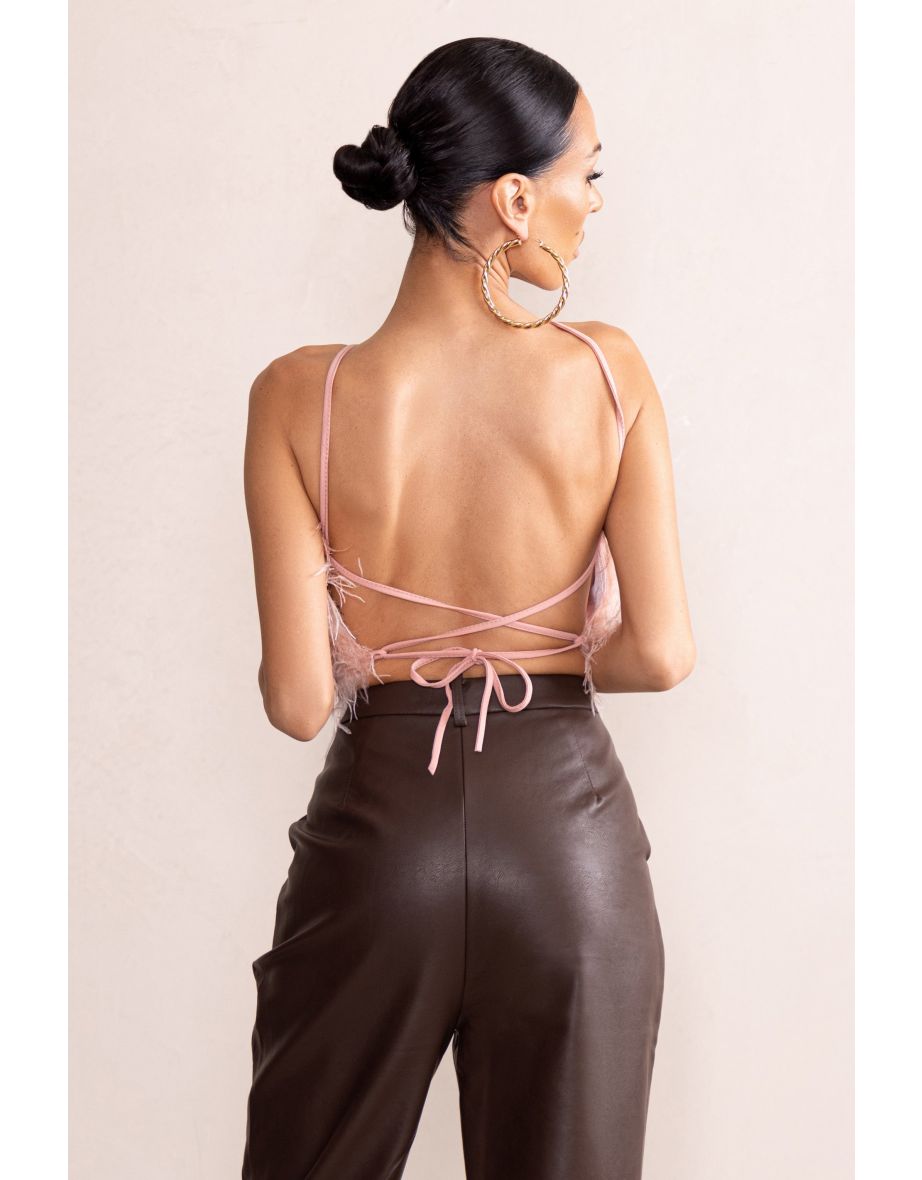 Ever-Evolving | Pink Halter Neck Feather Crop Top With Backless Knot Detail - 3