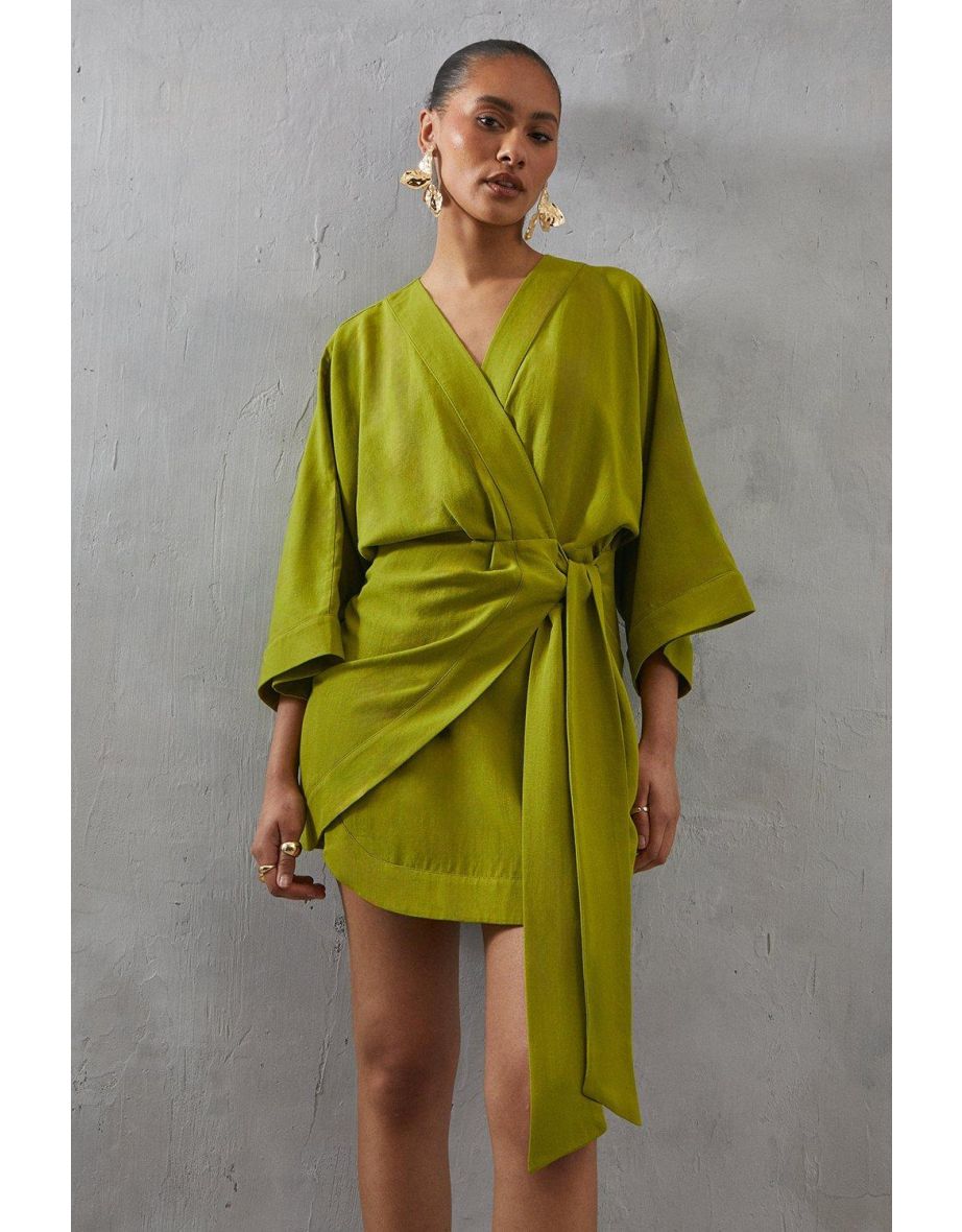 Shop Linen Wrap Kimono Mini Dress Online in Bahrain VogaCloset