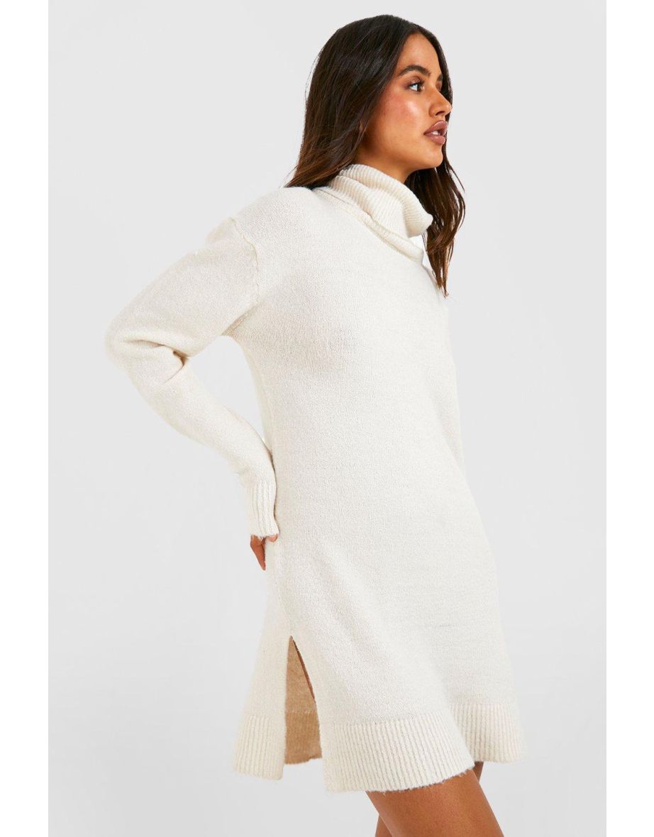 Roll Neck Oversized Jumper Dress - stone - 3
