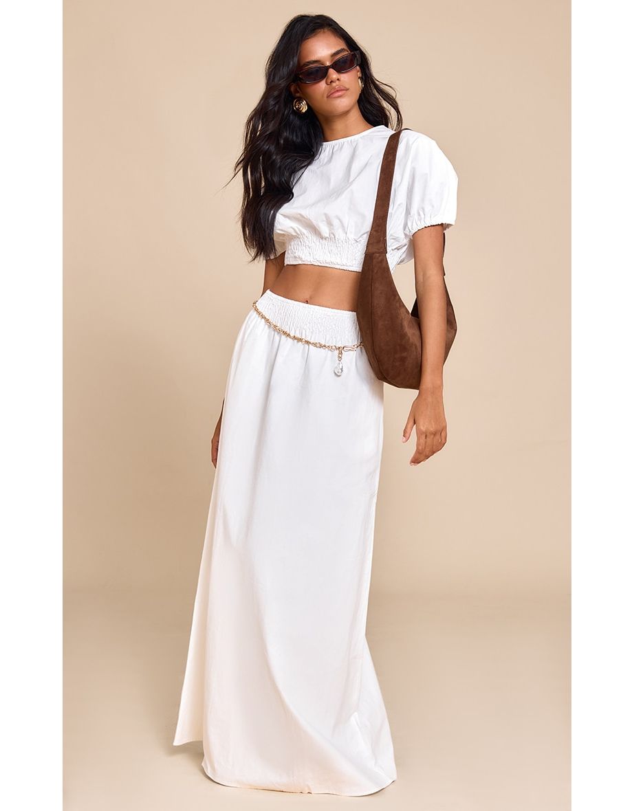 White Sheered Waist Low Rise Maxi Skirt