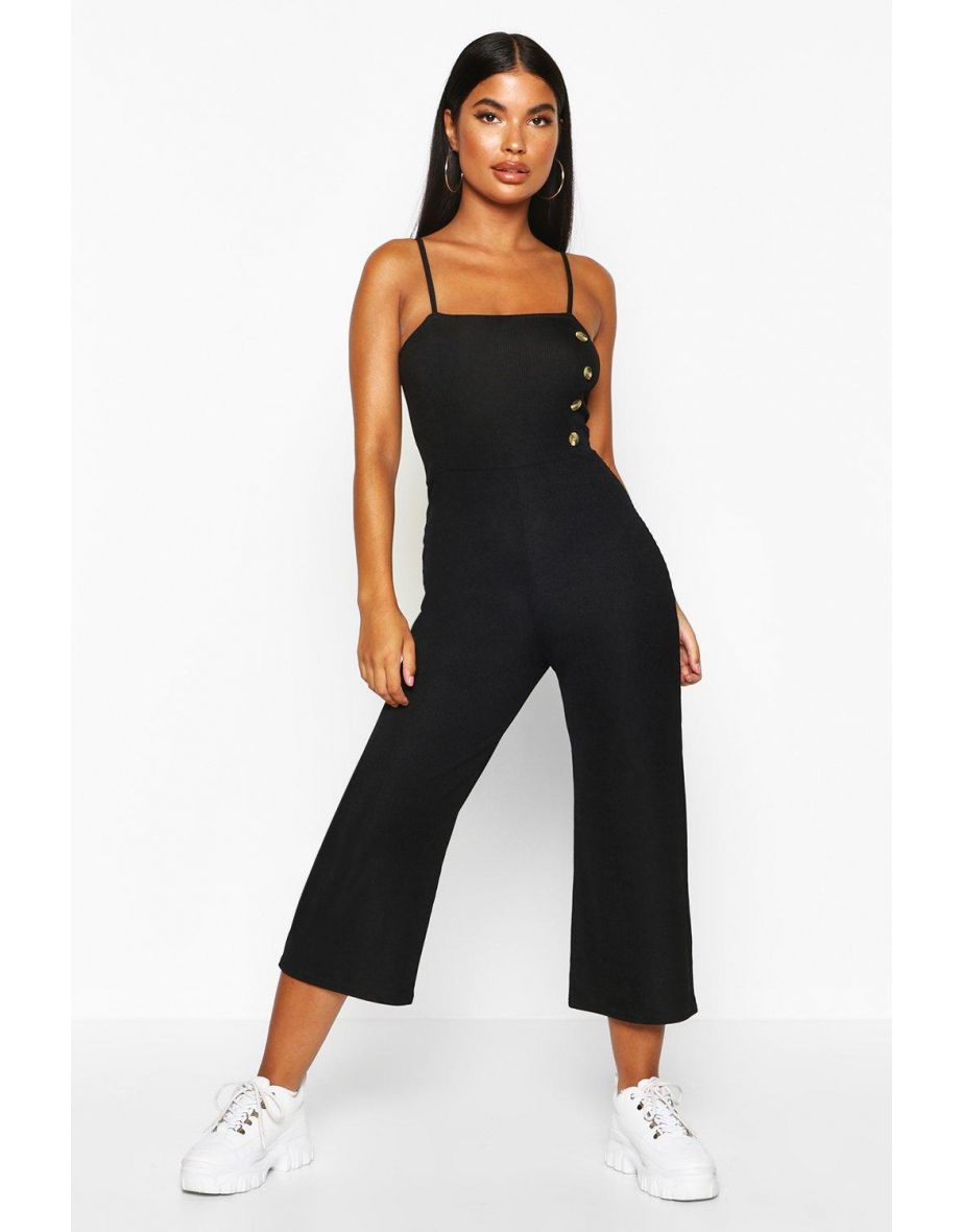 Petite Strappy Mock Horn Button Culotte Jumpsuit - black