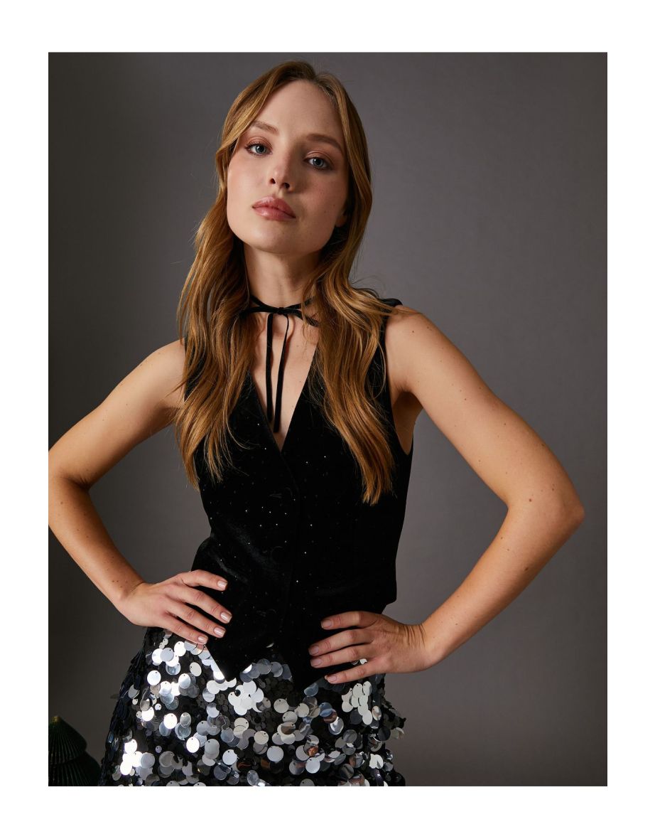 Velvet Vest with Sparkly Buttons Fleto Pocket Slim Fit