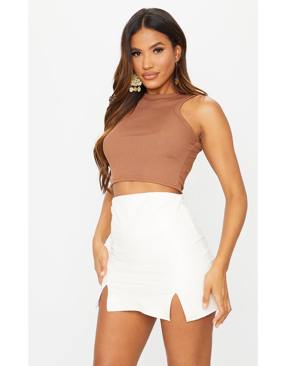 Cream Faux Leather Split Hem Mini Skirt