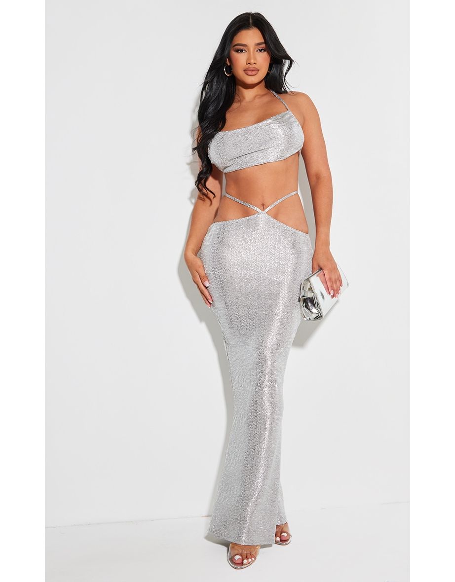 Shape Silver Glitter Textured Tie Waist Maxi Skirt