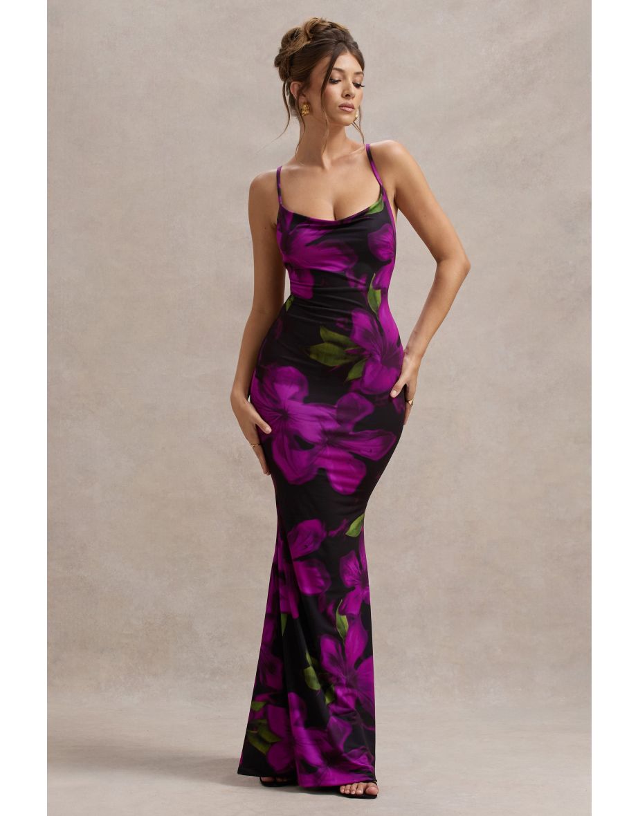 Lotus | Purple Floral Print Cowl-Neck Maxi Dress