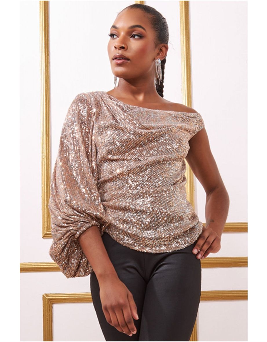 Goddiva Asymmetric Sequin Balloon Sleeve Top - Champagne