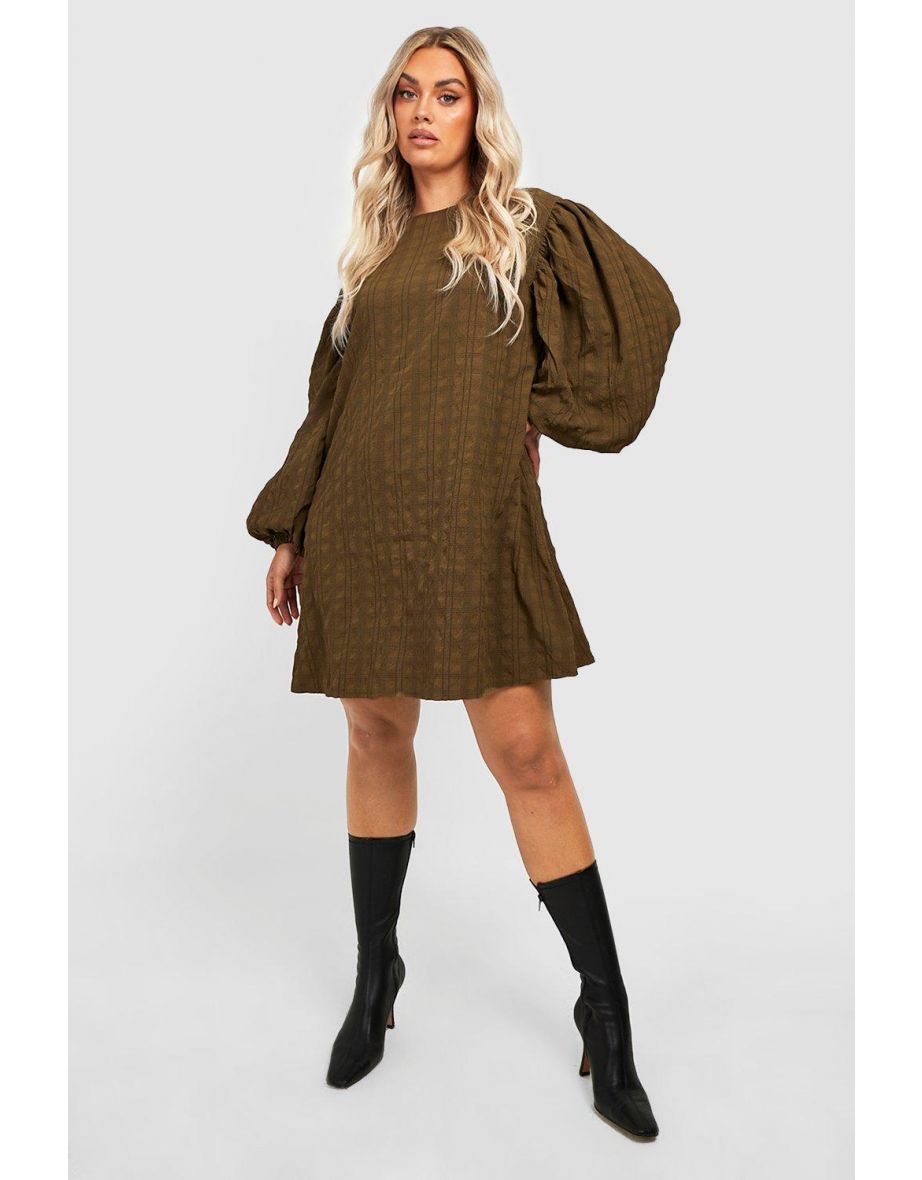Plus Textured Long Sleeve Smock Dress - khaki - 3