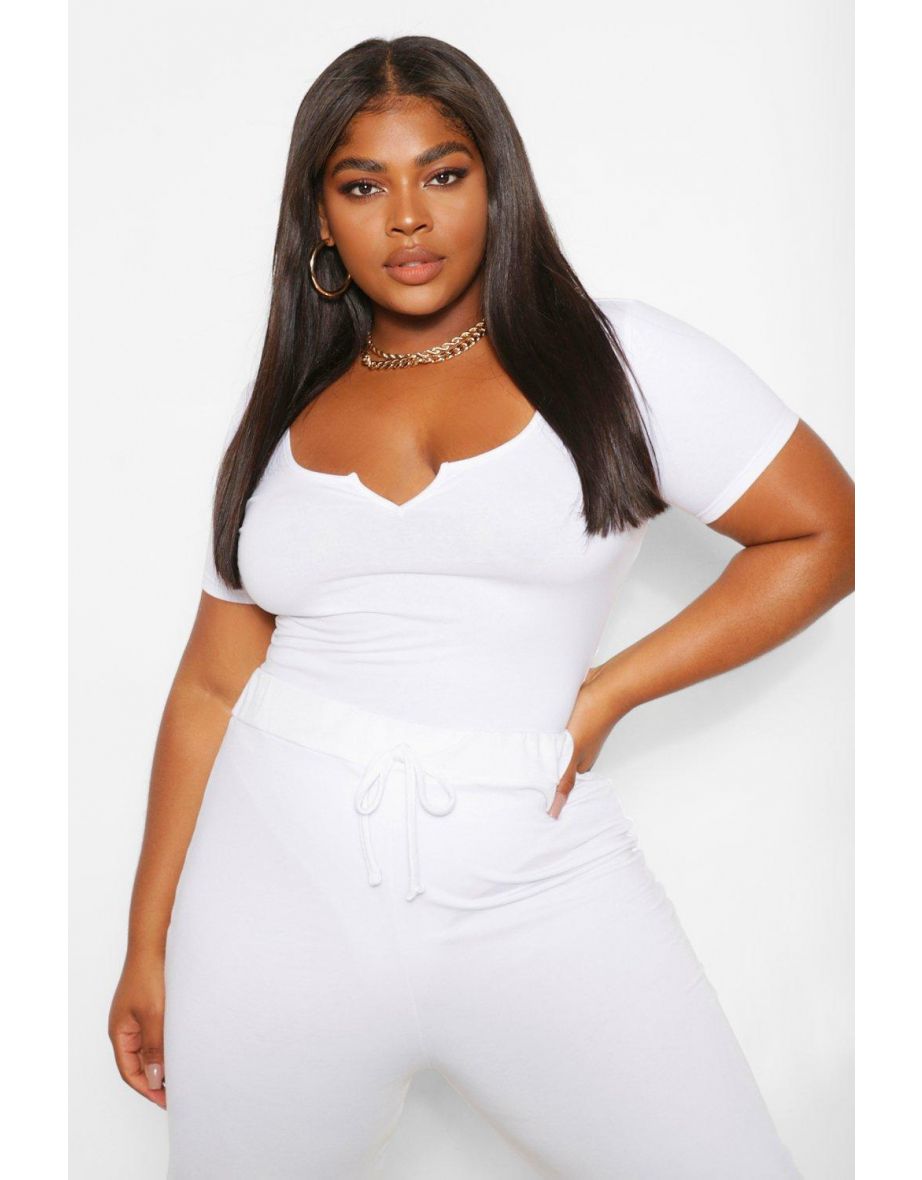 Plus Notch Scoop Neck Cap Sleeve Bodysuit - white