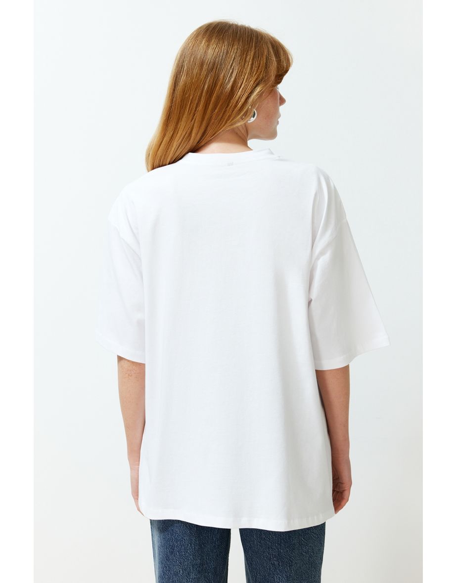 White 100% Single Jersey Relaxed/Comfortable Fit Asymmetric Knitted T-Shirt - 5