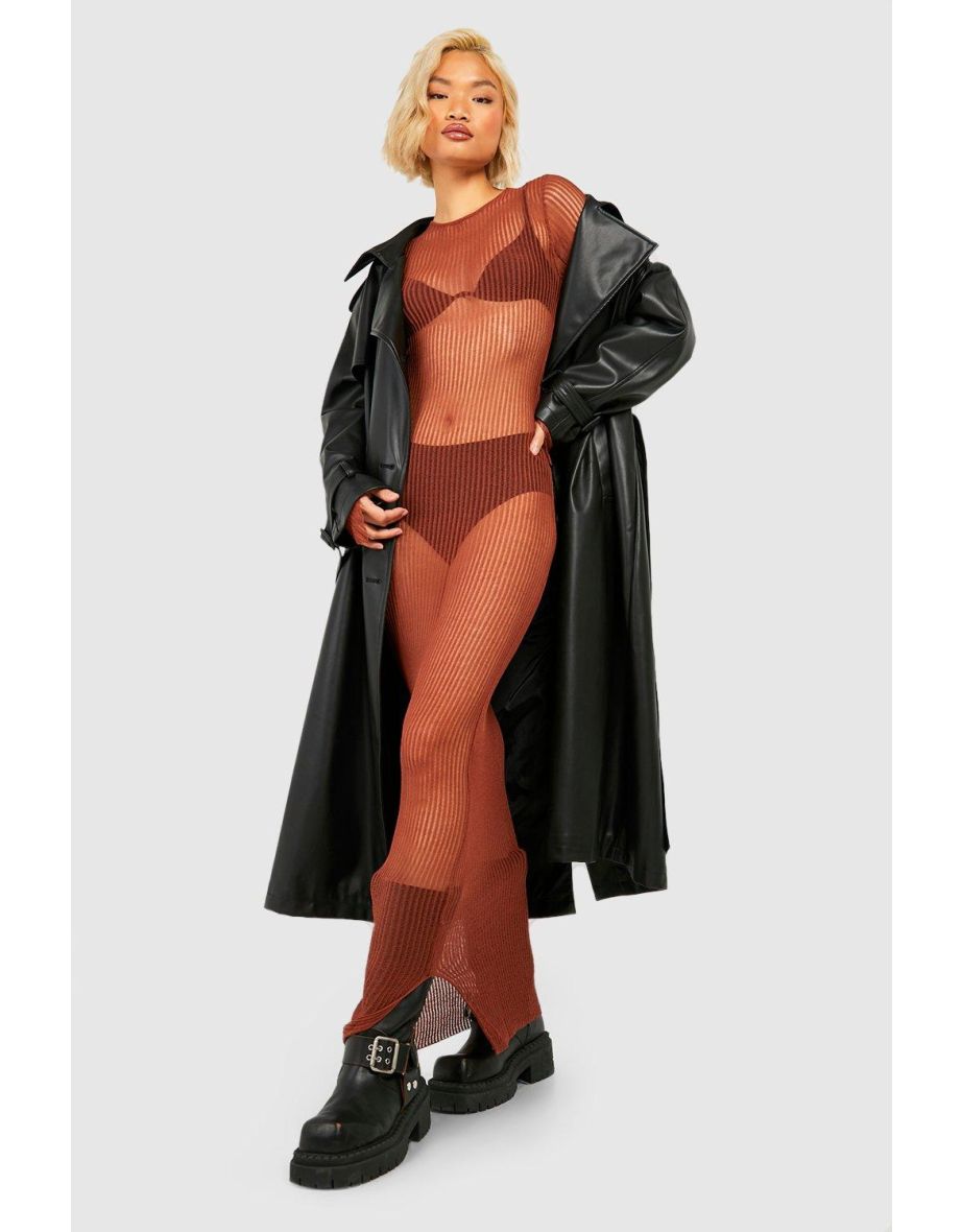 Sheer Ladder Stitch Knitted Maxi Dress - rust