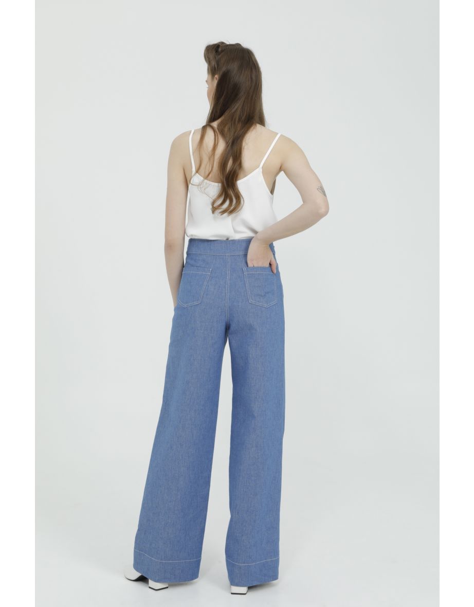 Blue Palazzo Pants with Drawstring Buckle Detail - 2