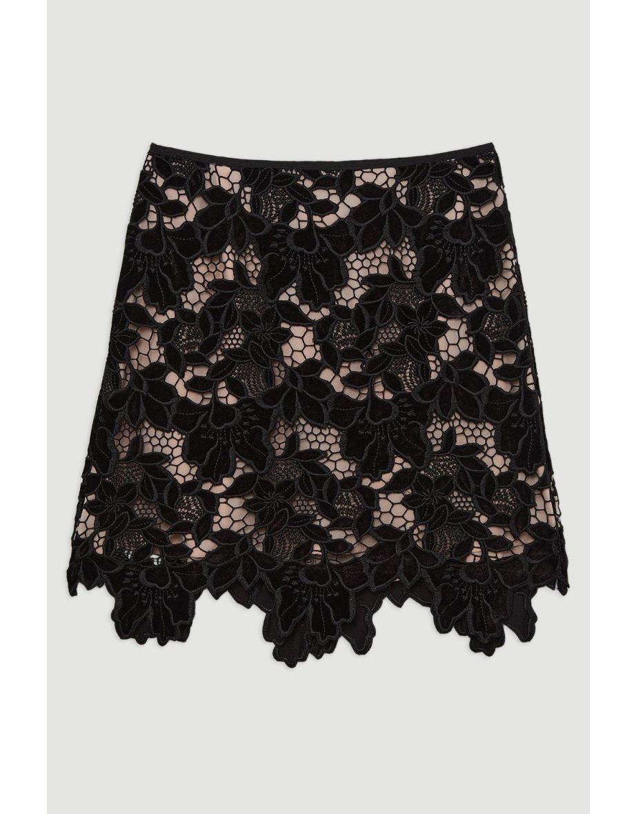 Velvet Cutwork Lace Detail Mini Skirt - 4