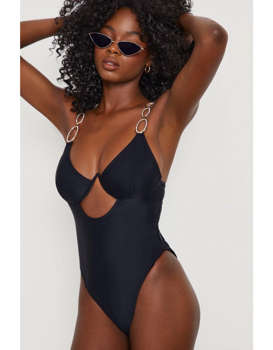 Diamante Trim Underwired Cut Out Swimsuit - black