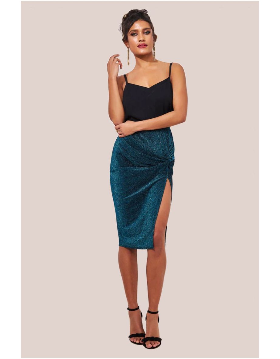 Goddiva Knot Front Thigh Split Midi Skirt - Blue