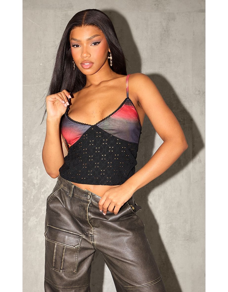 Black Floral Print Bust Broderie Cami Top