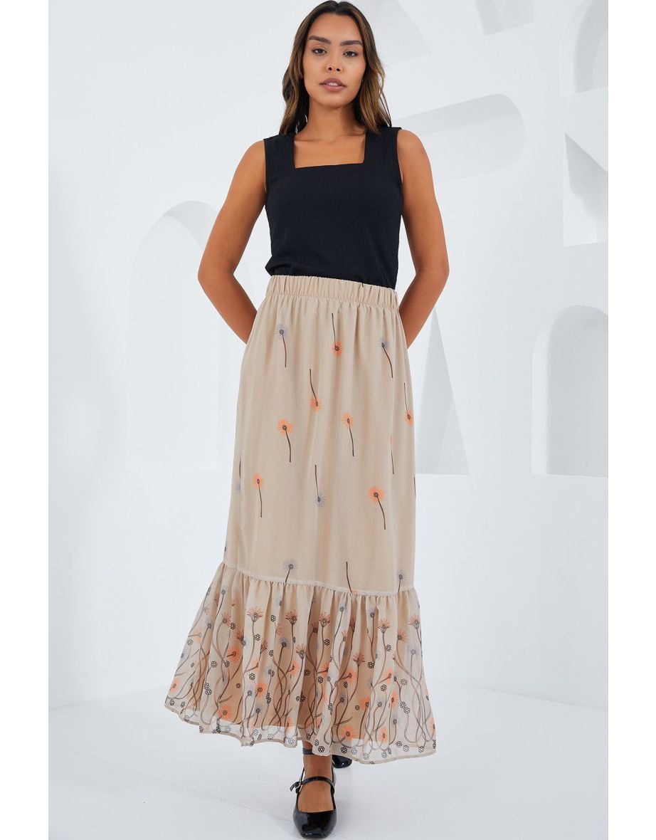Women's Cream Patterned Chiffon Skirt