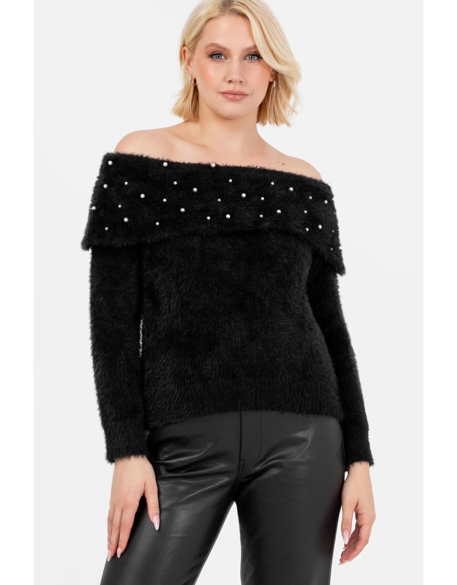 Lovedrobe Pearl Embellished Black Bardot Jumper
