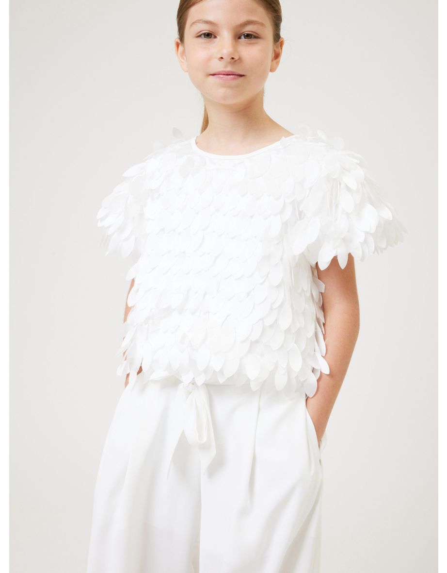 Girls Satin Leaf Top in Ivory