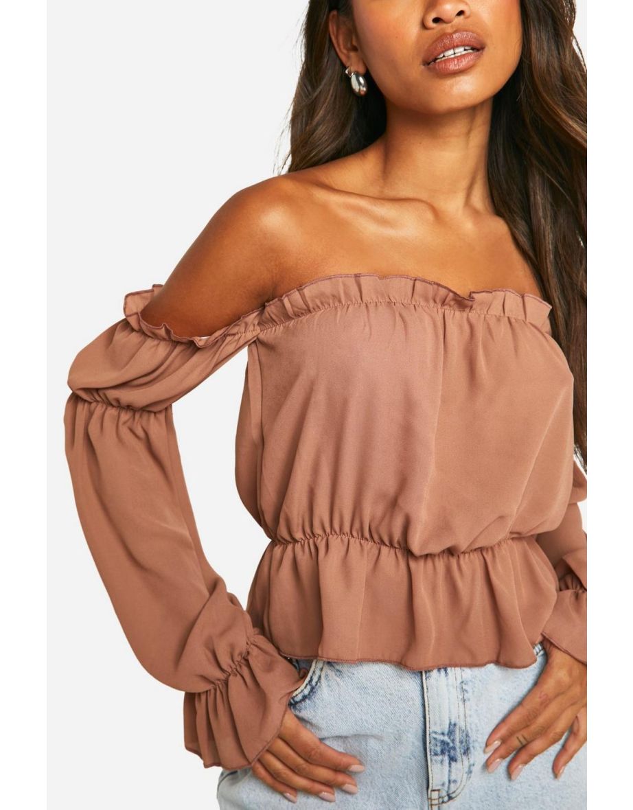 Woven Volume Sleeve Ruched Bardot Top - brown - 3