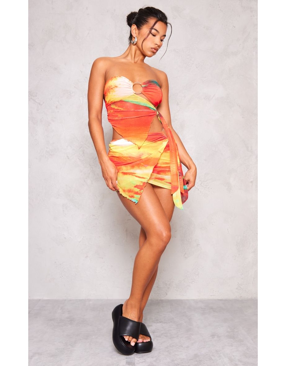 Orange Print Mesh Tie Side Micro Mini Skirt