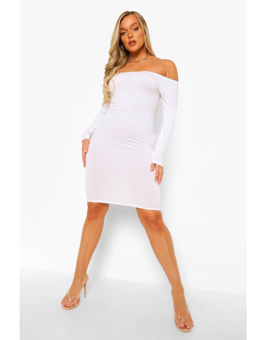 Basic Bardot Long Sleeve Midi Dress - white - 3