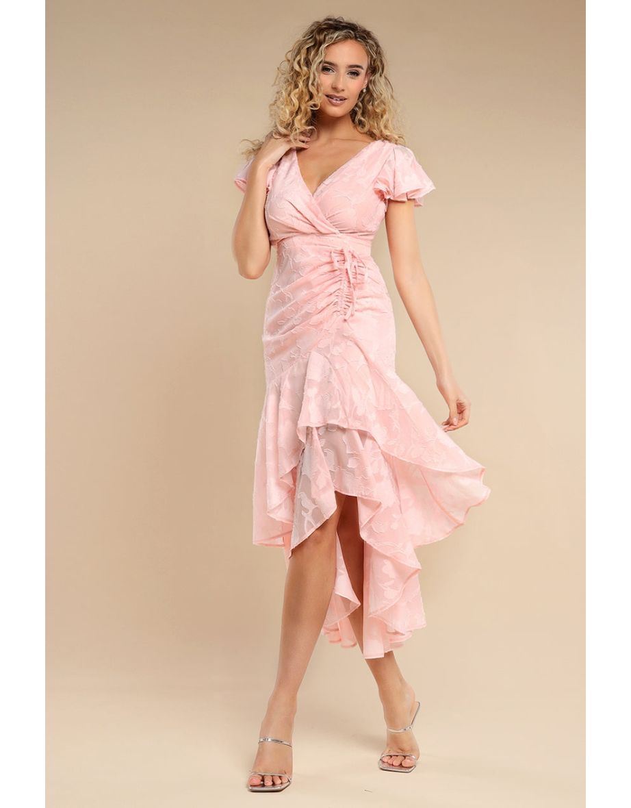 Goddiva Jacquard Chiffon Wrap High Low Midaxi Dress