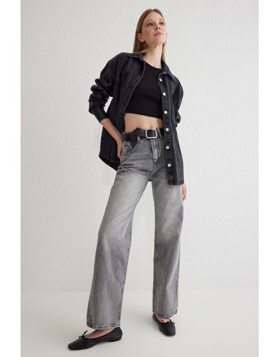 Grey High Waist Wide Leg Jeans - 4