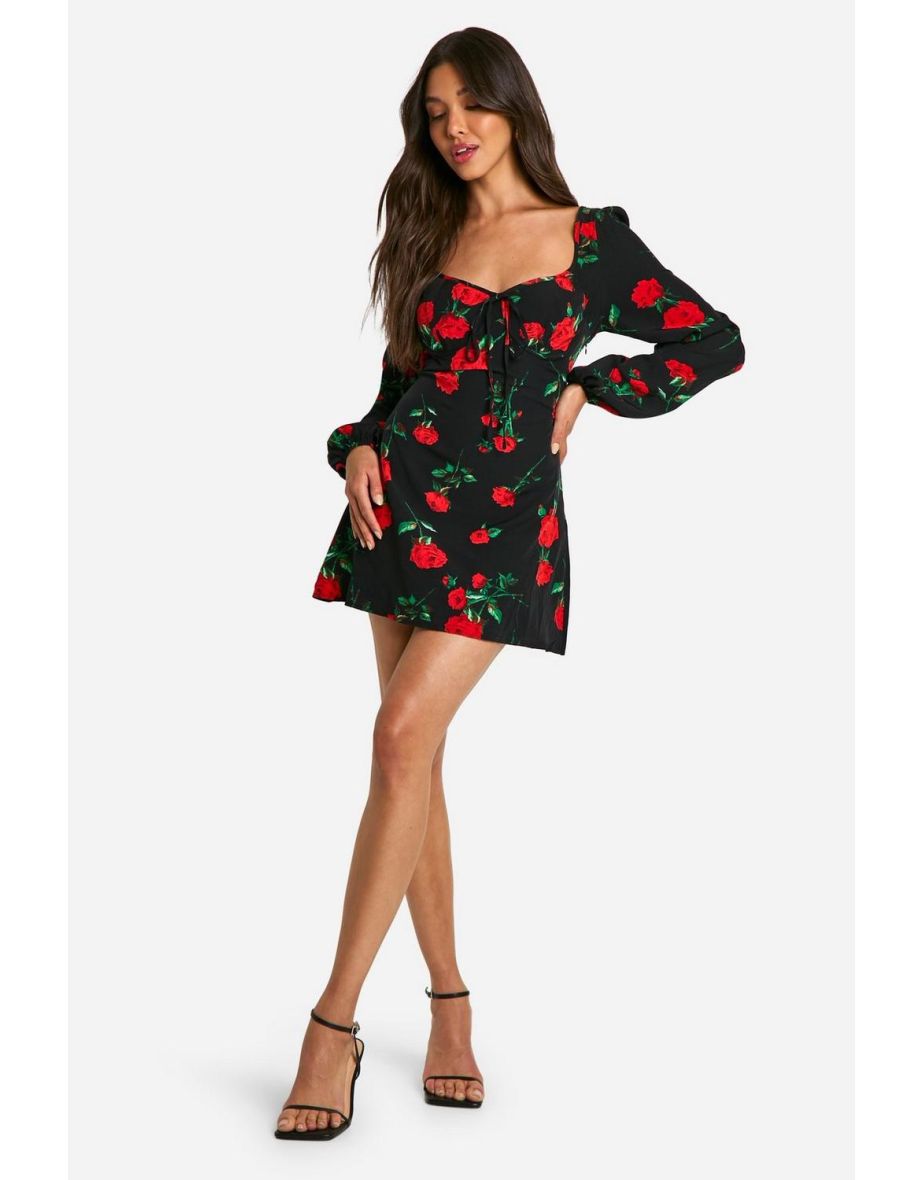 Floral Milkmaid Mini Dress - black