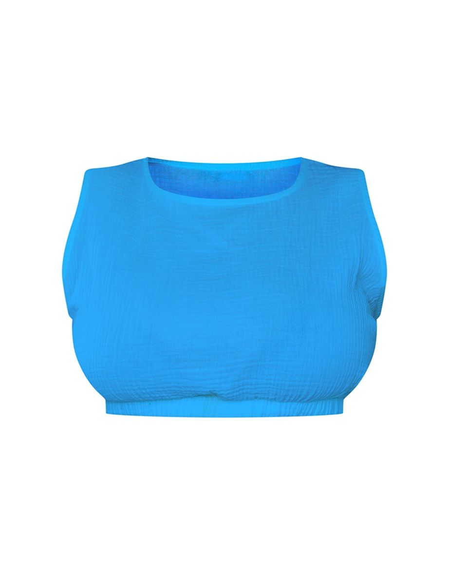 Plus Blue Textured Linen Look Elasticated Hem Top - 4