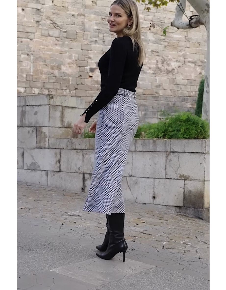 Black & White Dogtooth Print Belted Midaxi Skirt - 3