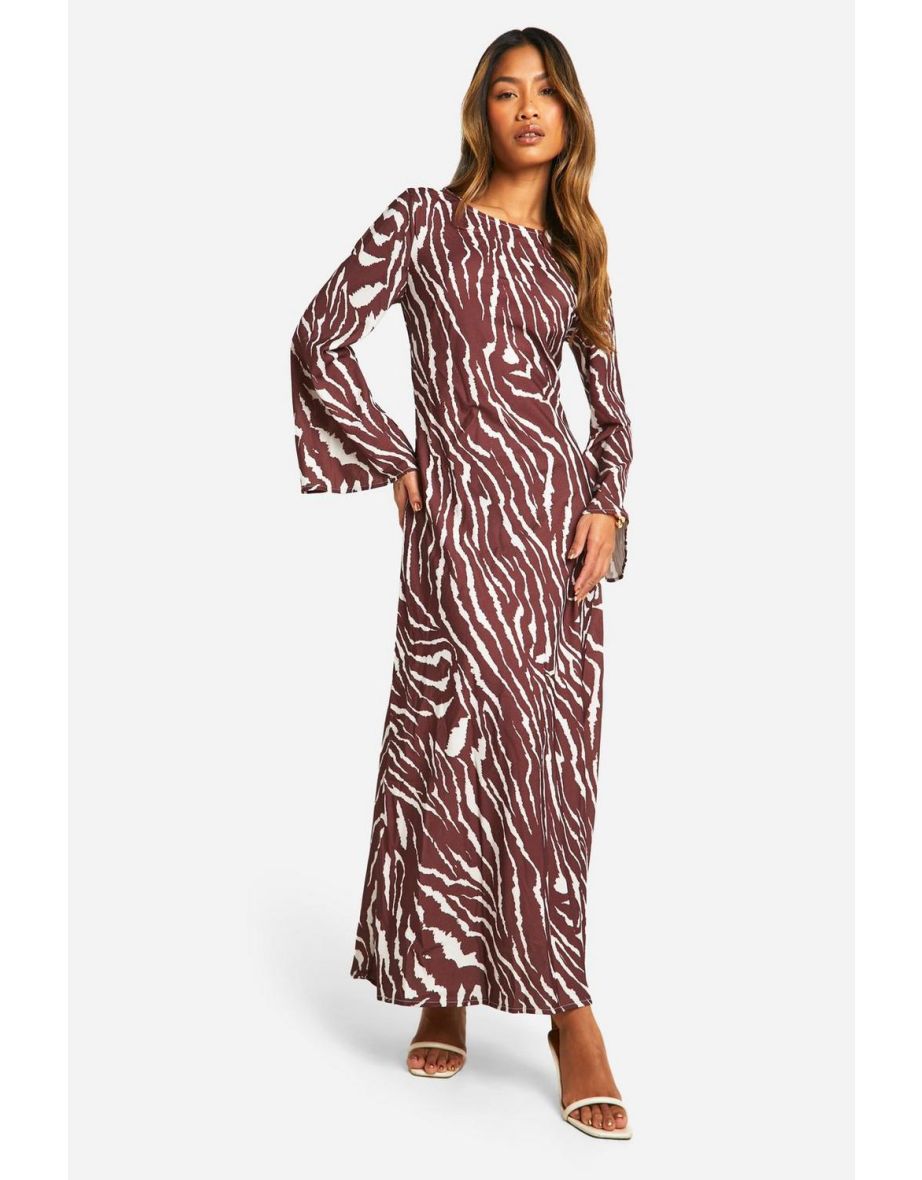 Zebra Flare Sleeve Maxi Dress - brown