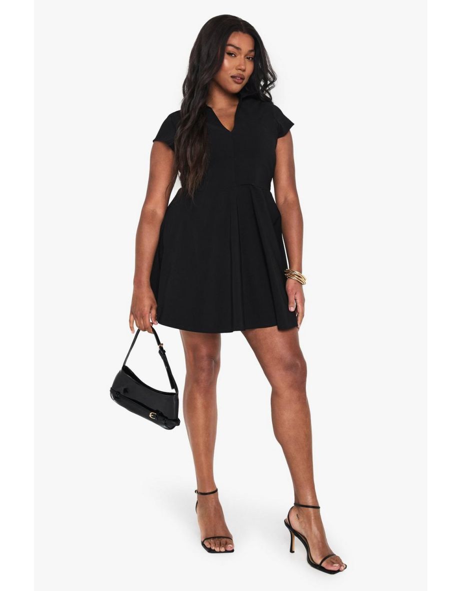 Plus Collared Tailored Mini Skater Dress - black