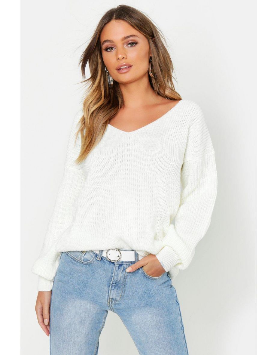 Oversized V Neck Jumper - cream