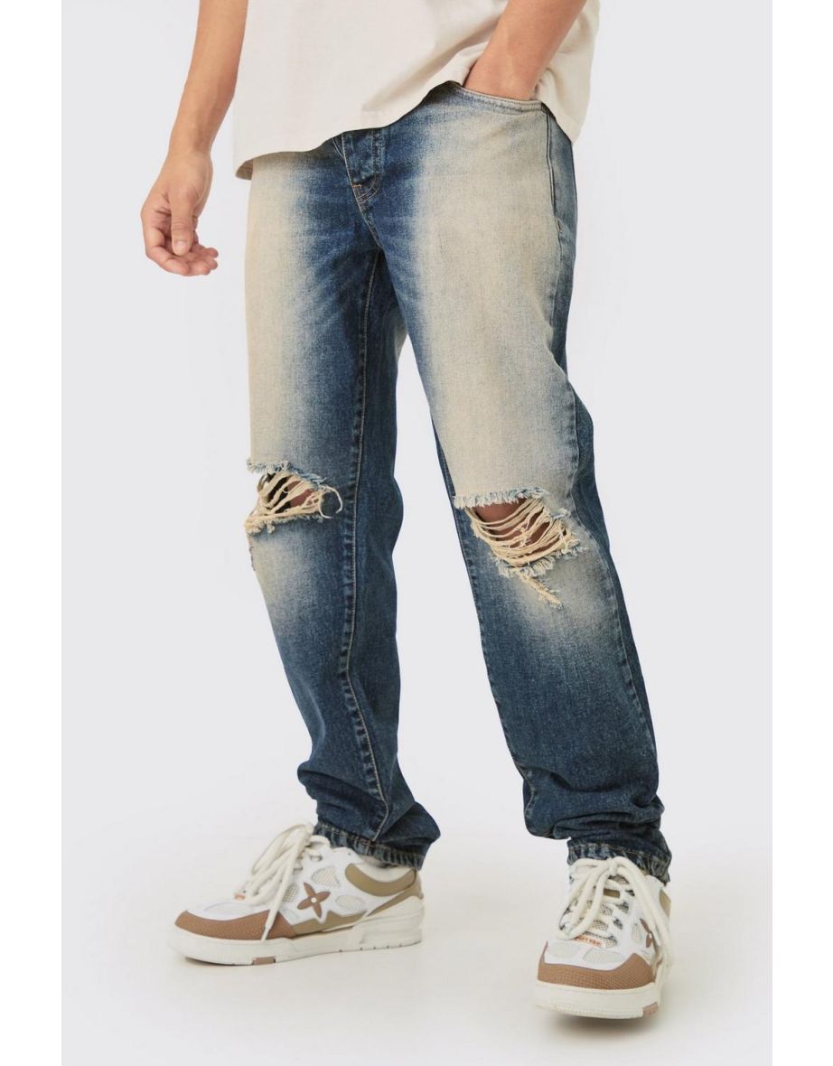 Straight Rigid Washed Blue Ripped Knee Jeans - blue
