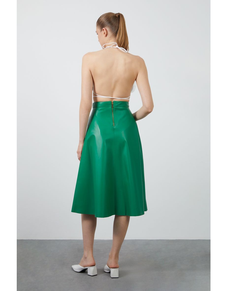 Asymmetrical Green Leather Skirt with Pleats on the Left Side - 3