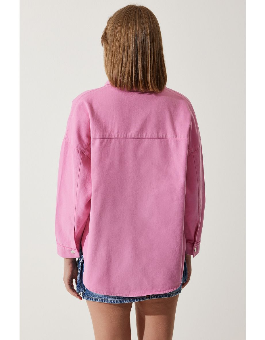Women's Pink Oversize Gabardine Jacket with Pockets - 3