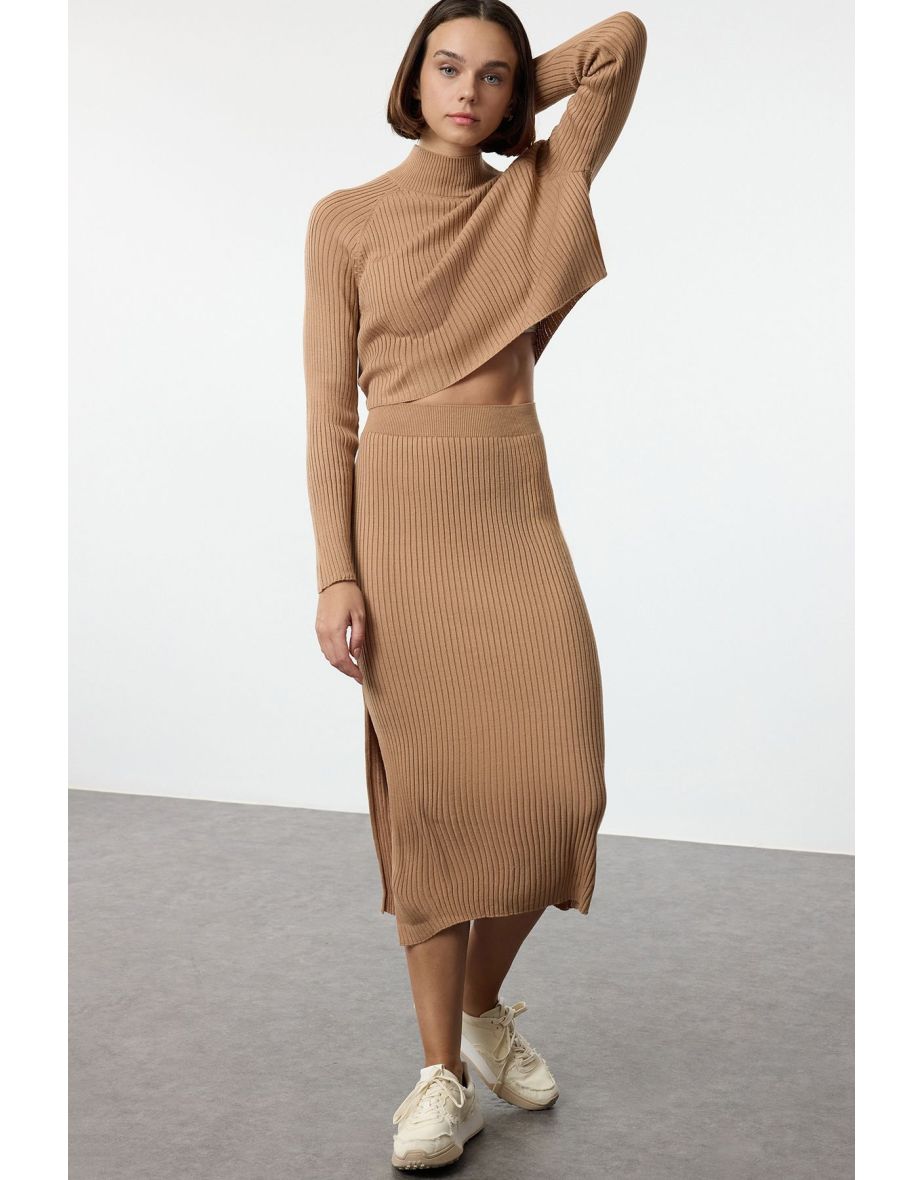Camel Crop Basic Skirted Knitwear Bottom-Top Set