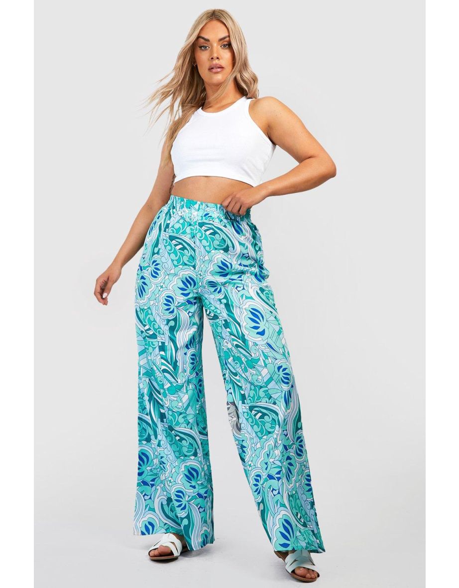 Plus Paisley Print Wide Leg Trousers - blue