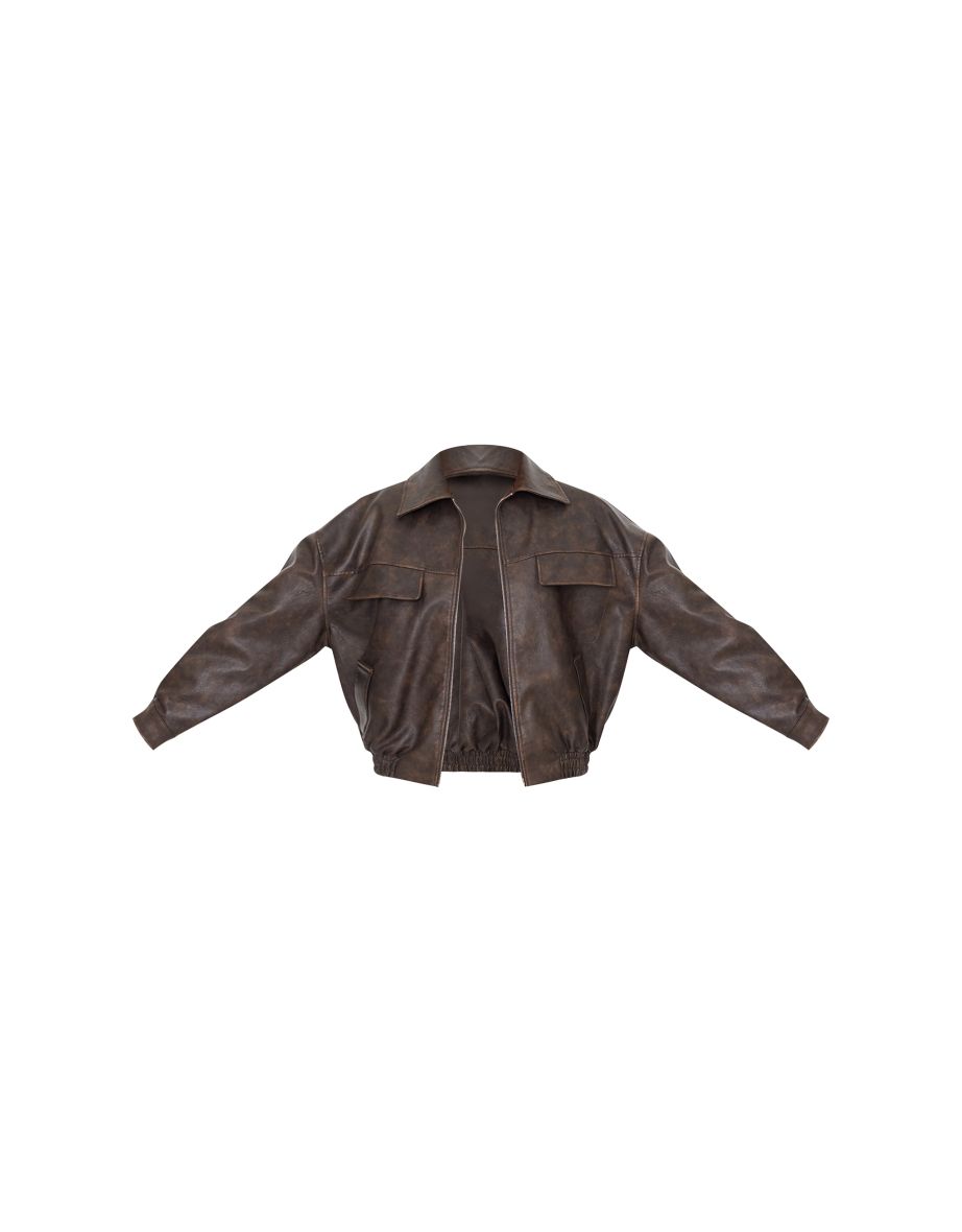 Chocolate Worn Faux Leather Pocket Detail Oversized Longline Bomber Jacket - 4