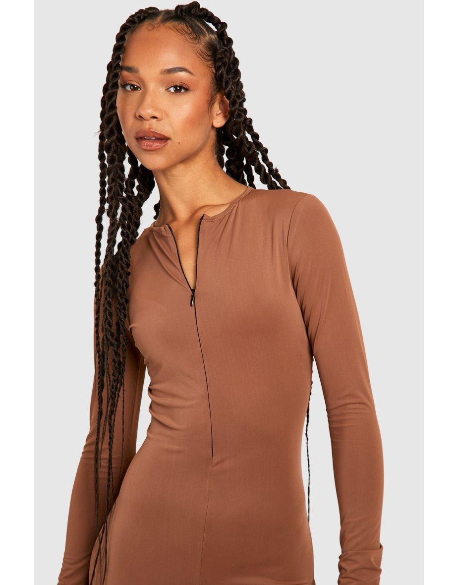 Tall Premium Matte Slinky Zip Front Long Sleeve Unitard - mocha - 3