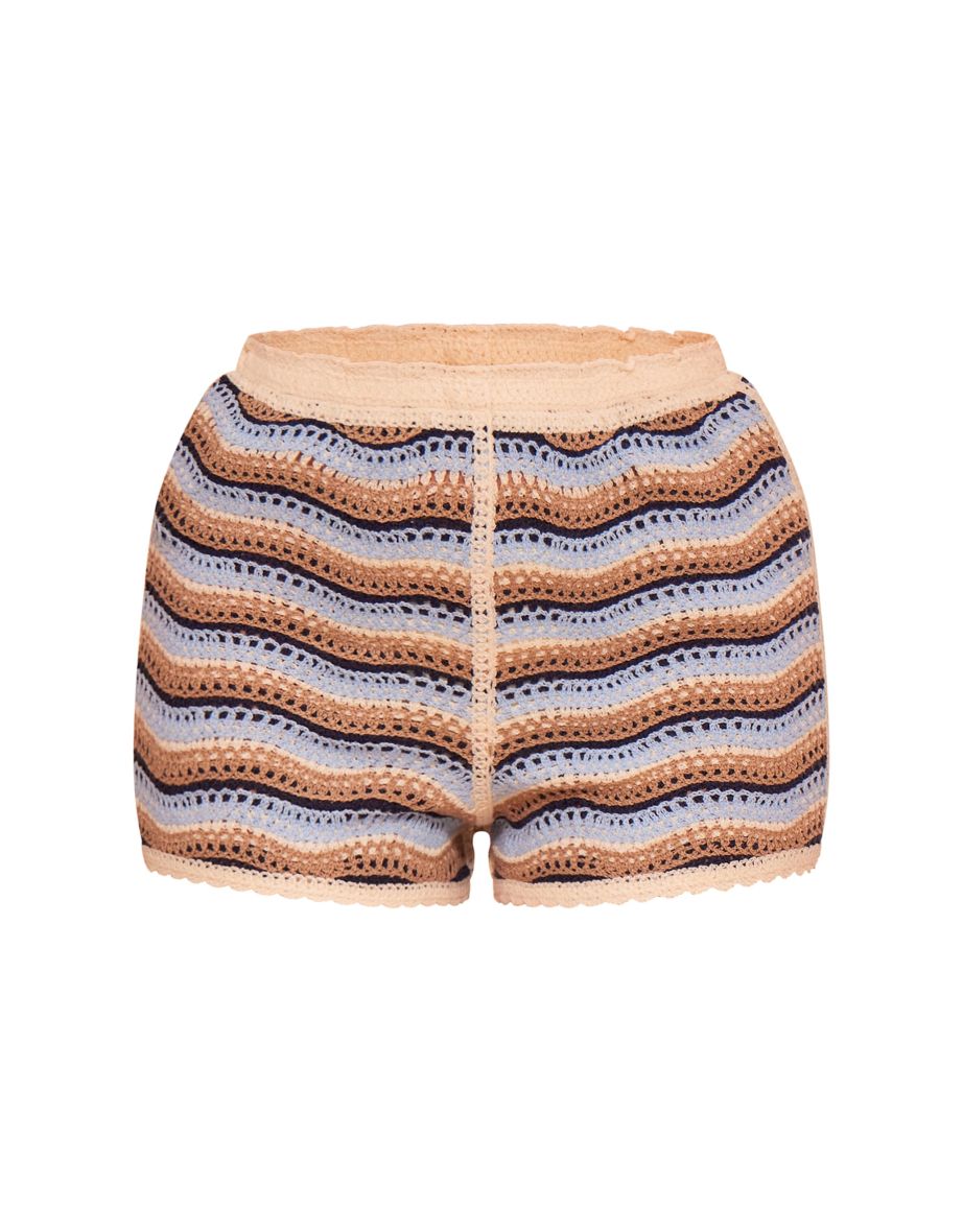 Blue Striped Crochet Knit Mini Shorts - 5