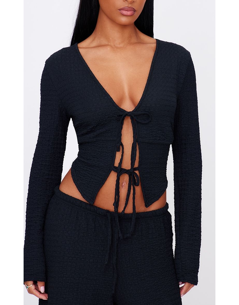 Black Textured Tie Front Waistcoat - 3
