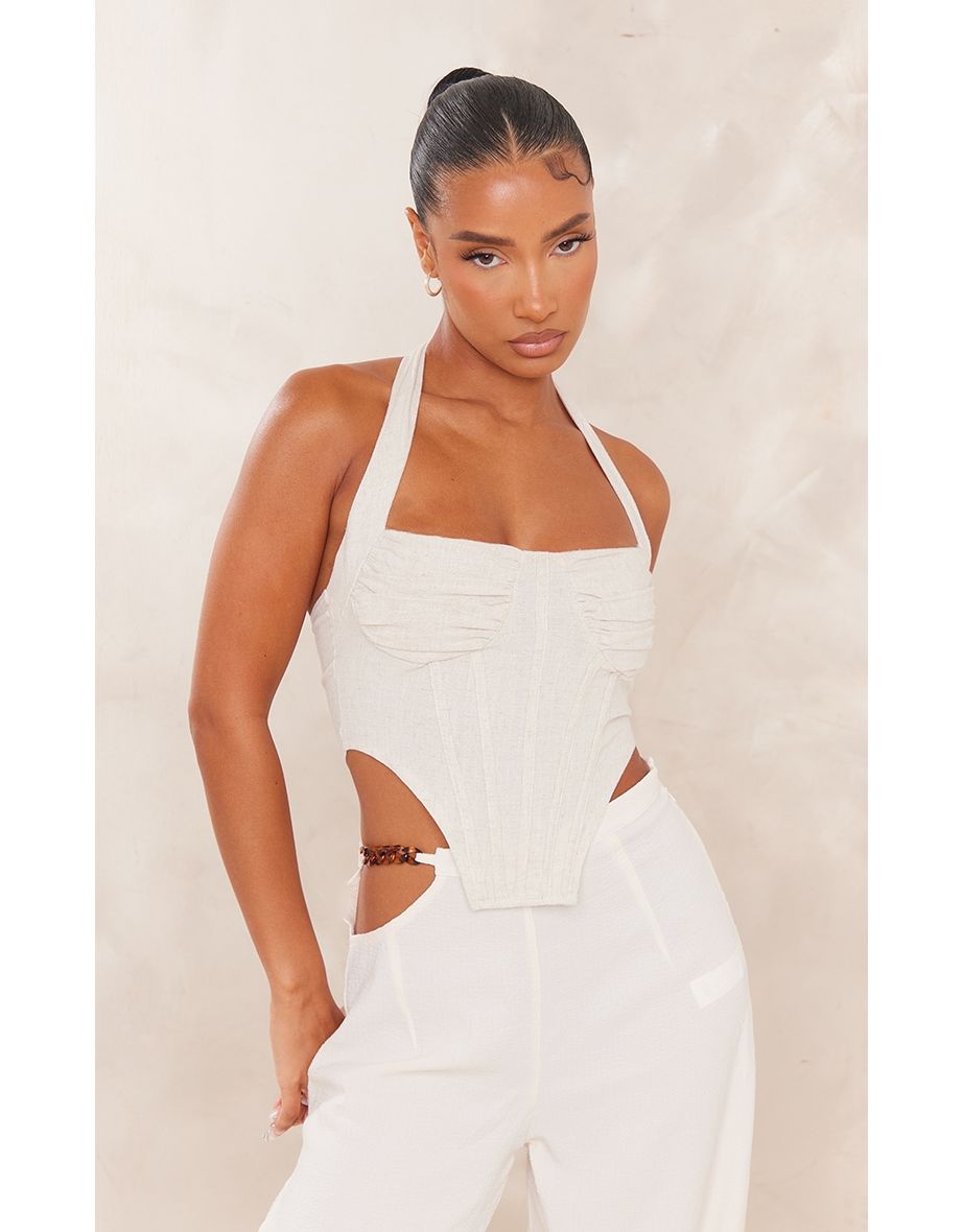Stone Linen Look Ruched Bust Halter Neck Corset Top