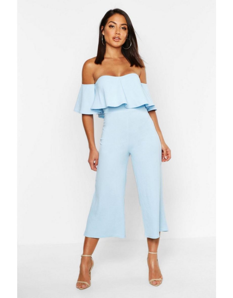 Off The Shoulder Ruffle Culotte Jumpsuit - baby blue