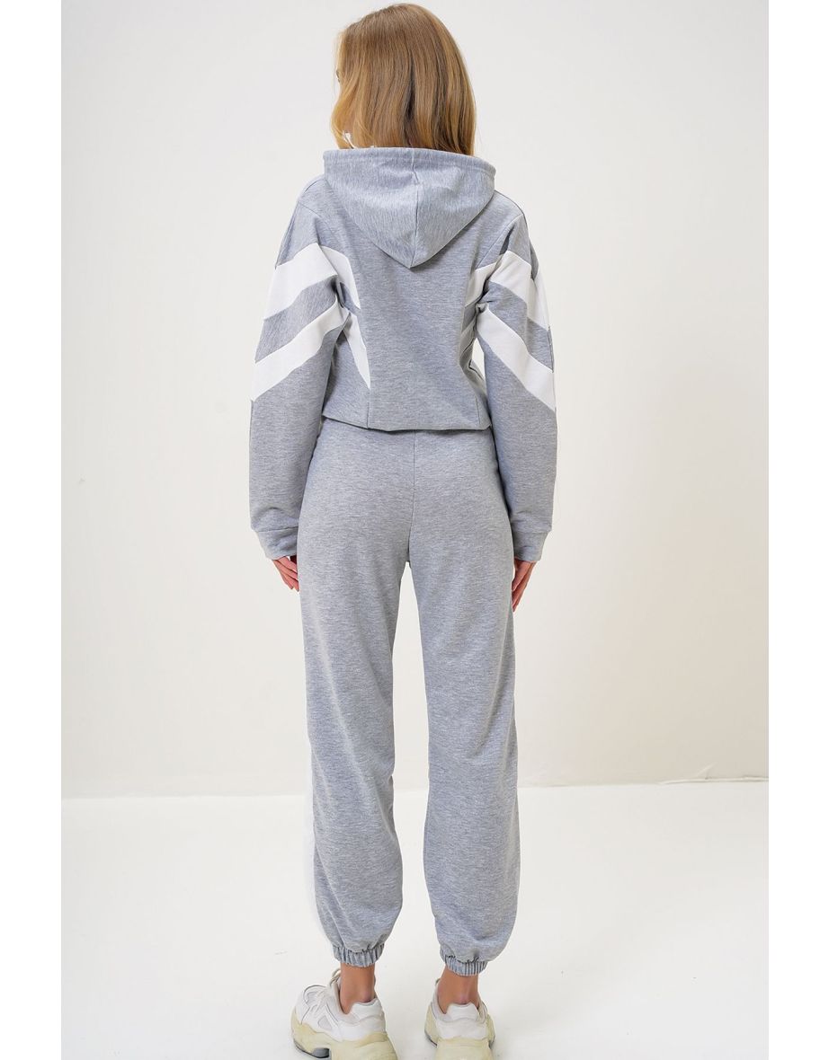 Women's Grey Melamine Hooded Sweatshirt and Elastic Leg Tracksuit Set - 4